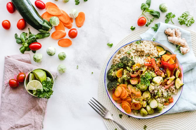 A stock photo of a colourful meal with many vegetables