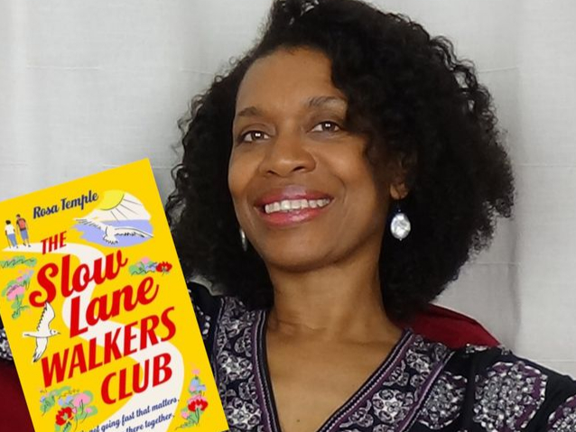 Rosa Temple with ehr book, The Slow Lane Walkers Club.