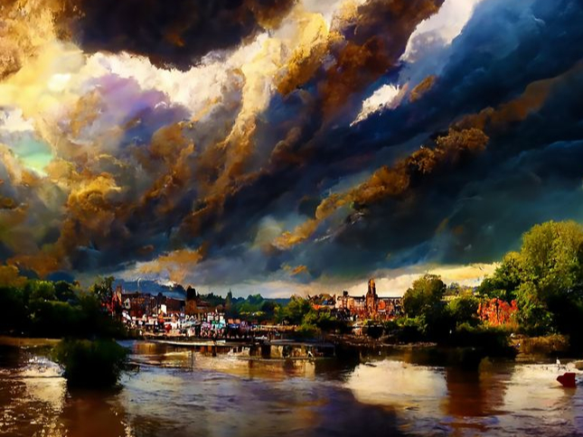 A digital painting of Ross-on-Wye from across the river.