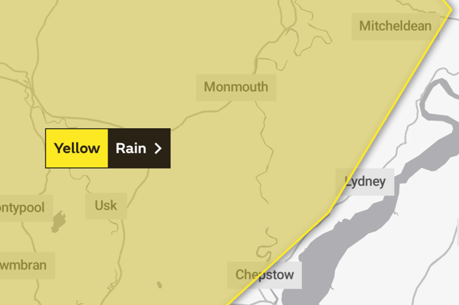 Map of rain forecast for Wye Valley and Monmouth
