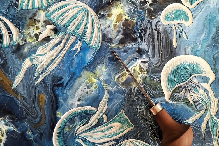 Intricate carvings of jellyfish have been created by acrylic carving