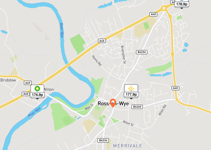 A map of Ross-on-Wye with diesel prices listed