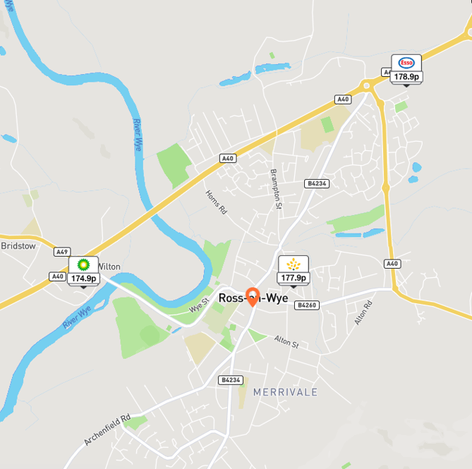 A map of Ross-on-Wye with diesel prices listed