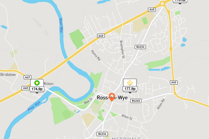 A map of Ross-on-Wye with diesel prices listed