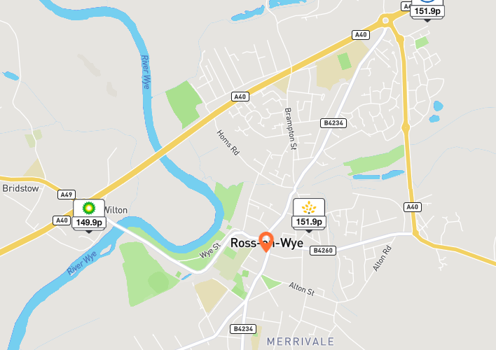 A map of Ross-on-Wye with petrol prices listed
