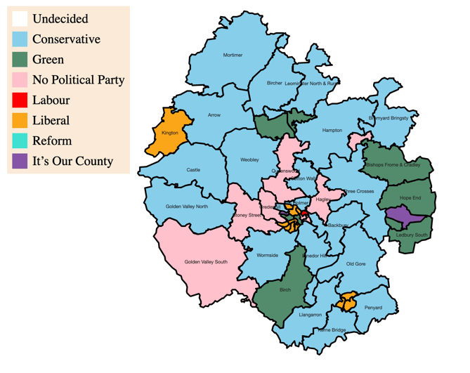 Map of Herefordshire Council 2023 elections results