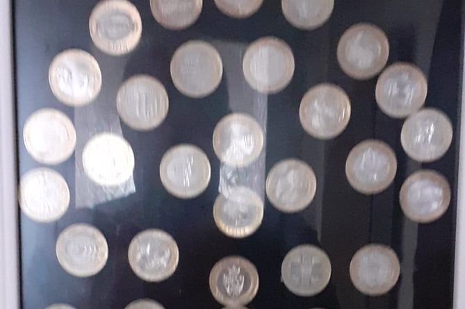 Photograph of the frame holding the coin collection