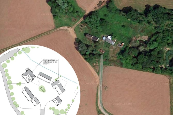 An aerial view of the farm buildings (from Google) and proposed layout of the replacement houses