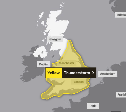 Yellow weather warning (thunder) which covers England and Wales