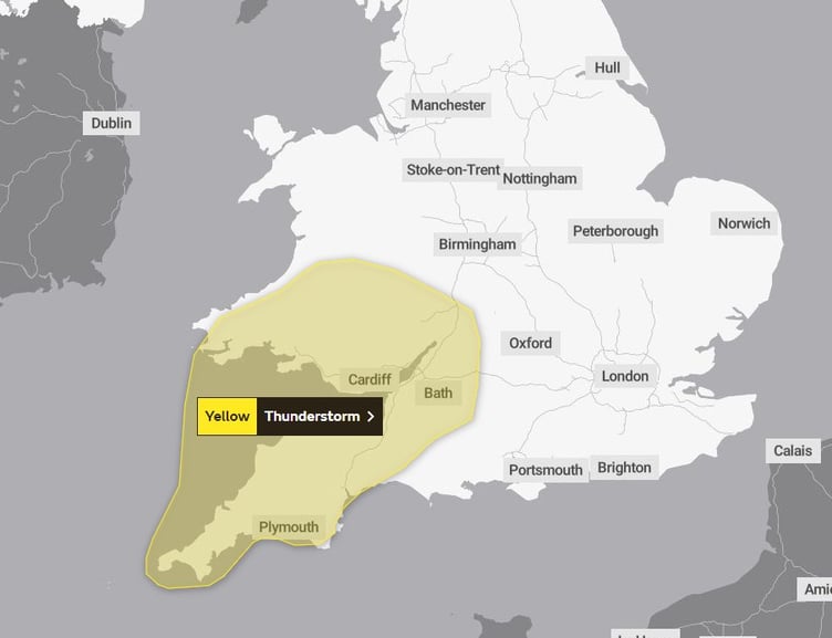Yellow weather warning map covering wales and the south west of Wales