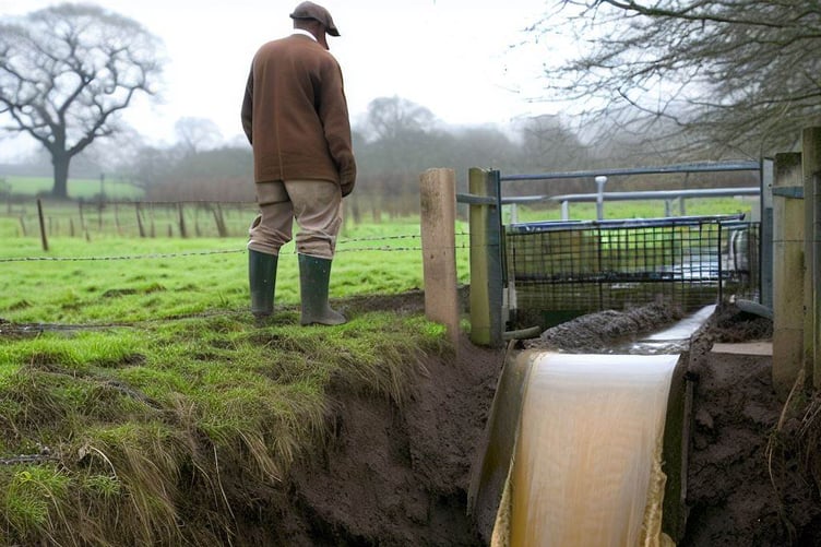 Farmer watches water discharge into river