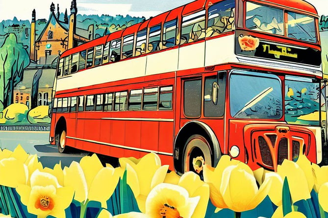 An AI generated image of a bus driving past daffodils