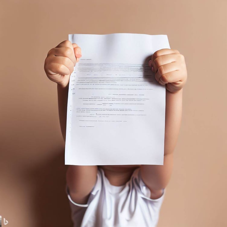 A child holding up exam papers in celebration