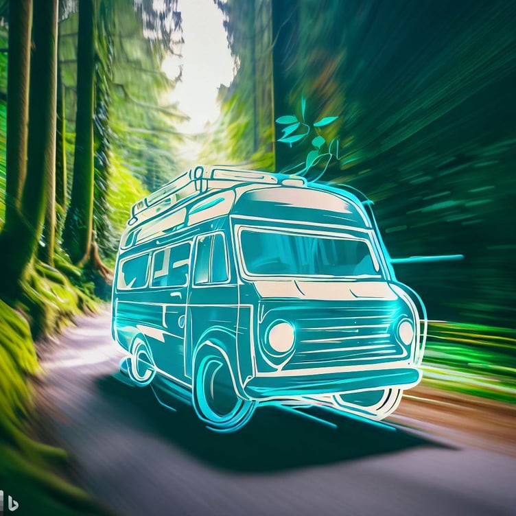 An AI generated image of a bus driving through a forest