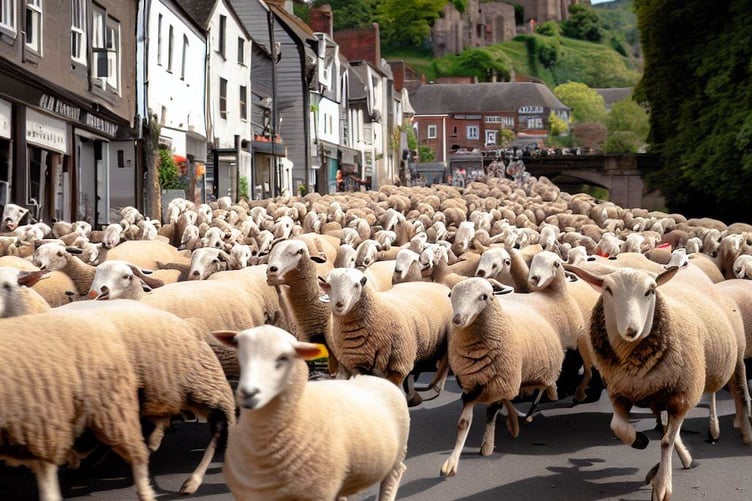 Bing AI generated sheep herd running through a South Herefordshire Town