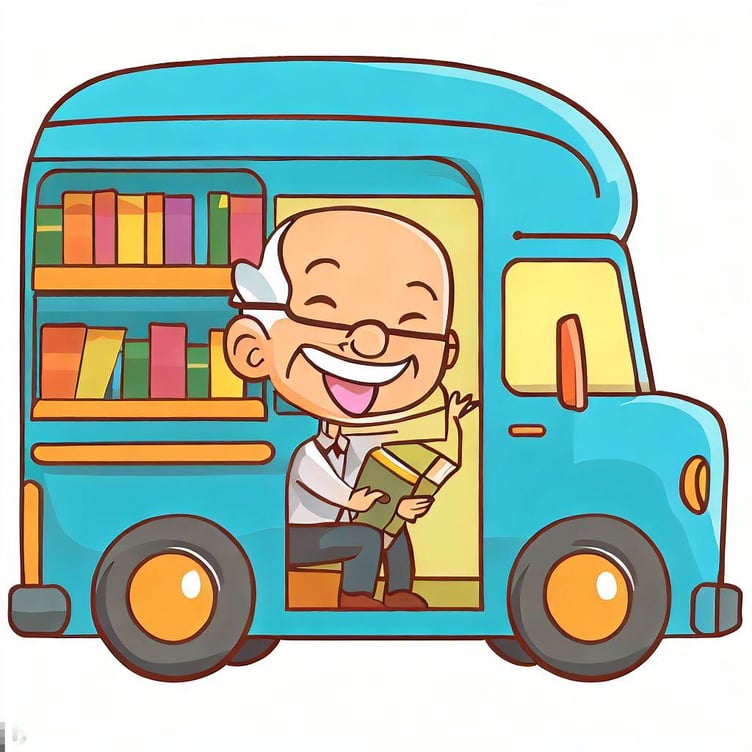 Happy elderly man enjoying a book in a mobile library