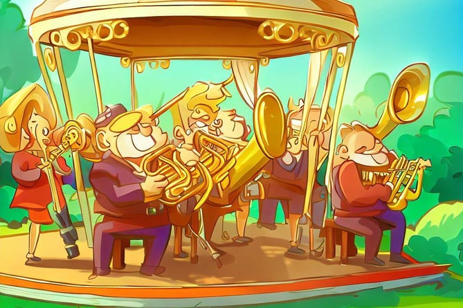 AI brass band playing on a bandstand