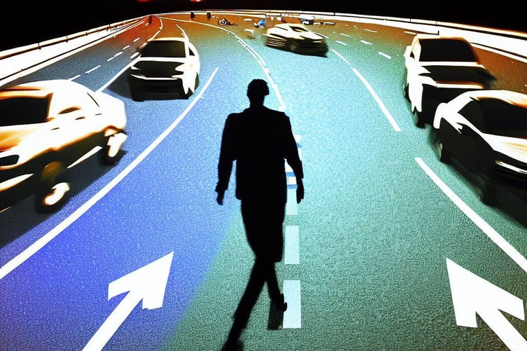 A graphic of a man walking on a motorway