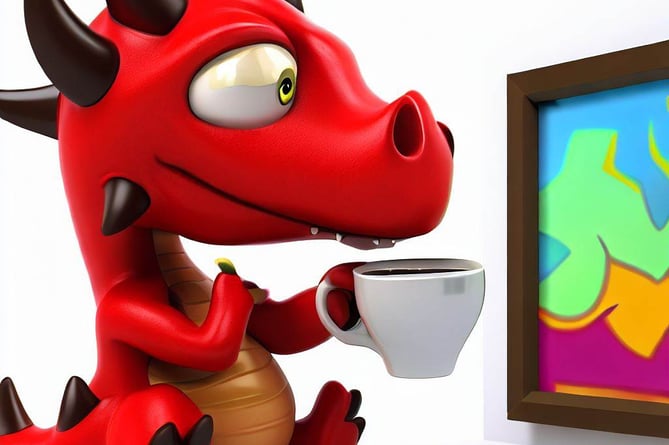 A red dragon drinking a cup of coffee whilst looking at art