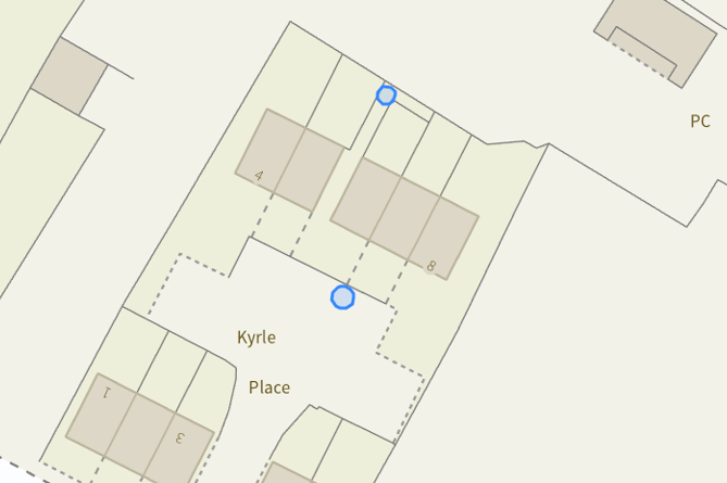 A map of Kyrle Place with two blue dots denoted trees to be cut down