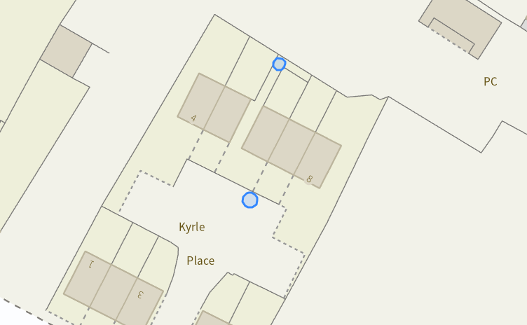 A map of Kyrle Place with two blue dots denoted trees to be cut down