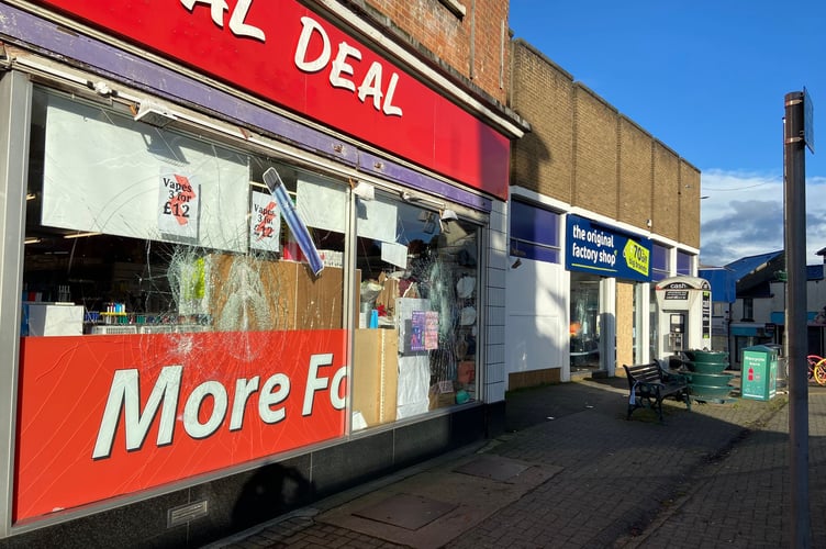Every window of The Real Deal and The Original Factory Shop in Cinderford was smashed in the incident