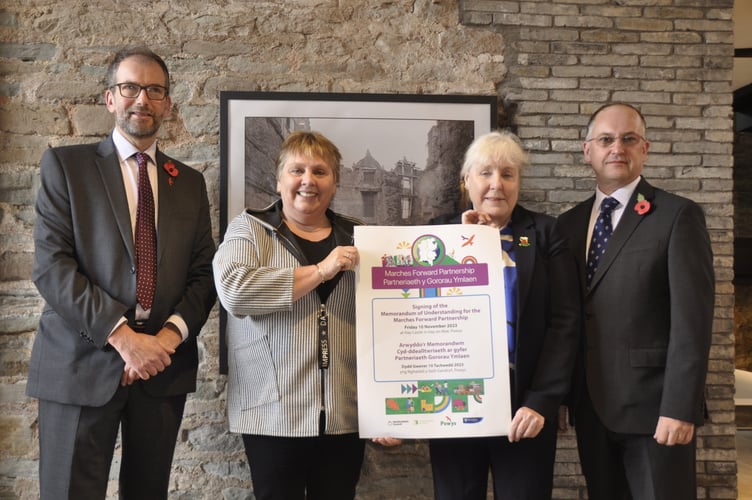 from left, Cllr James Gibson-Watt, leader of Powys County Council, Cllr Lezley Picton, leader of Shropshire Council
Cllr Mary Ann Brocklesby, leader of Monmouthshire County Council, and Cllr Jonathan Lester, leader of Herefordshire Council