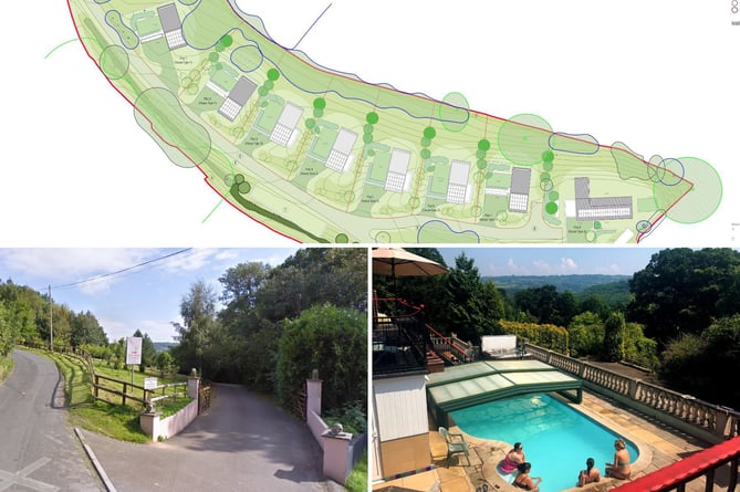 A plan of the proposed layout of the houses (Scott Donald, from application), the entrance to the former spa (from Google Street View) and view of the former spa