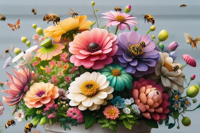 Potted flowers and bees