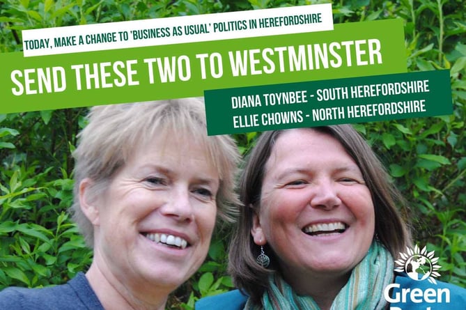 Diana Toynbee, left, is the Green Party general election candidate for the South Herefordshire constituency that includes Ross-on-Wye, while county party leader Ellie Chowns, right, is standing for the Herefordshire North Seat.
