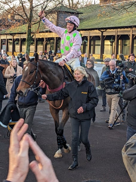 The celebrations begin after Royale Pagaille wins the £200,000 Betfair Chase at Haydock