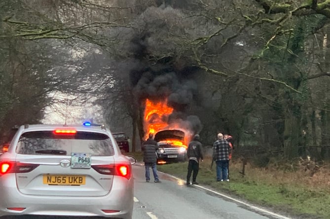 A motorist took this photo of a car on fire near the Forest of Dean Crematorium this afternoon