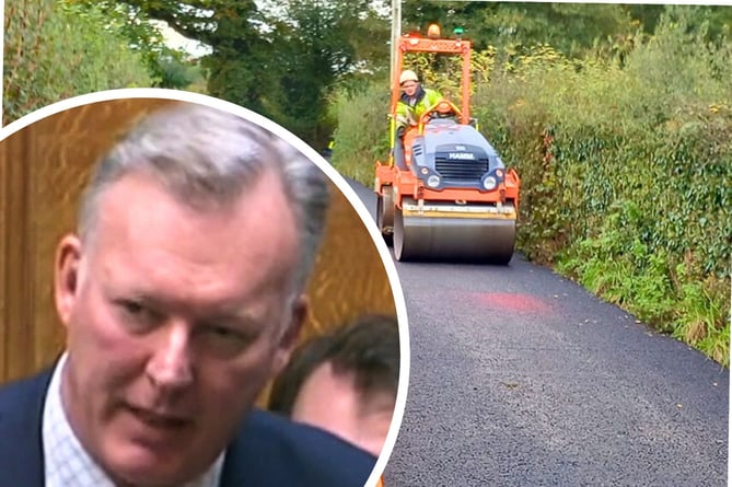 A Herefordshire road being mended (Herefordshire Council) and inset, Sir Bill Wiggin