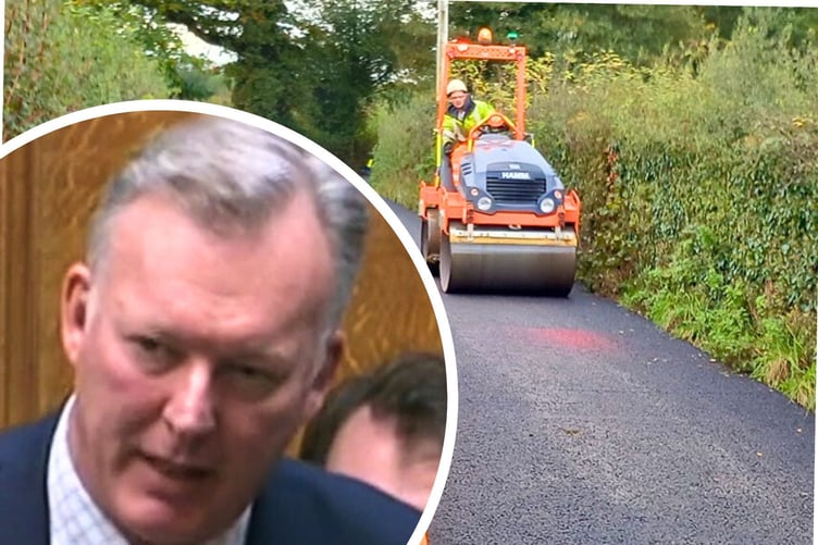 A Herefordshire road being mended (Herefordshire Council) and inset, Sir Bill Wiggin