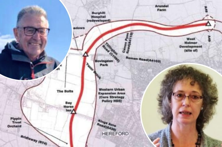 The favoured "red route" for the proposed Hereford bypass, and insets, Andrew McRobb and Liz Morawiecka