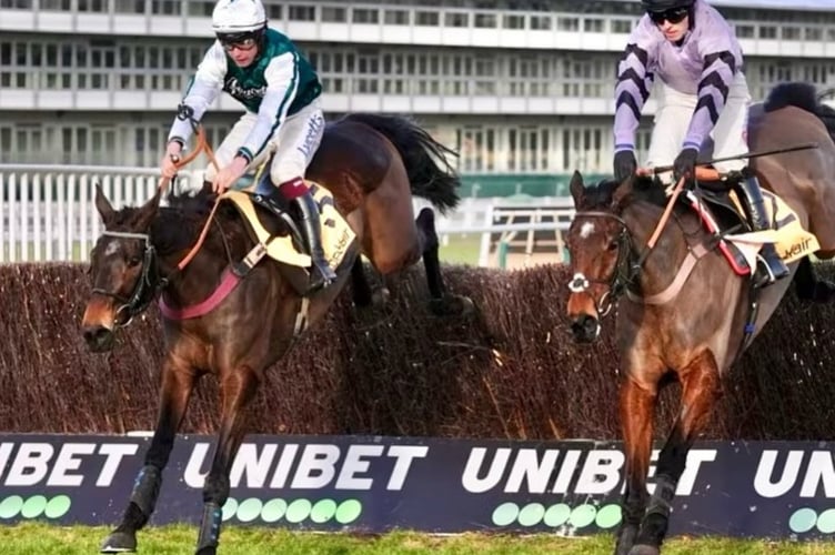 Charlie Deutsch and L'Homme Presse, left, take the last with Stage Star. Photo Venetia Williams Racing