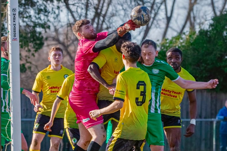 Goalmouth action in the Wantage v Newent Town match