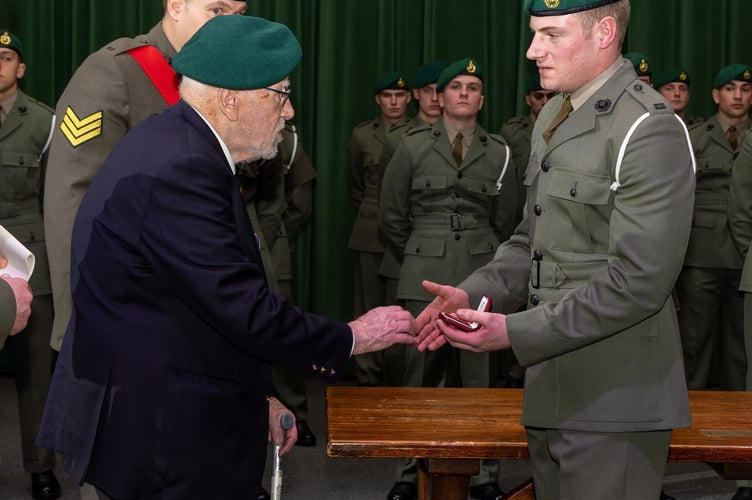 During his visit to to the Commando Training Centre in Lympstone, Devon, John was given the honour of presenting the Commando Medal to Marine James Barback, who had demonstrated the qualities that define the Commando Spirit and Ethos throughout training. Release date February 21 2025. A 100-year-old World War Two commando inspired the next generation of Royal Marines during a visit to the Commando Training Centre in Lympstone, Devon. John Eskdale from Lydney in Gloucestershire saw combat with HMS Charybdis in the Mediterranean on the Malta Convoys in 1942 and was involved in the invasion of Sicily in the summer of 1943. He survived the sinking of Charybdis by German Torpedo boats near the Channel Islands in late 1943 and went onto see action in Normandy and in the Far East.
