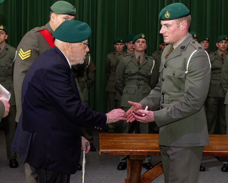 During his visit to to the Commando Training Centre in Lympstone, Devon, John was given the honour of presenting the Commando Medal to Marine James Barback, who had demonstrated the qualities that define the Commando Spirit and Ethos throughout training. Release date February 21 2025. A 100-year-old World War Two commando inspired the next generation of Royal Marines during a visit to the Commando Training Centre in Lympstone, Devon. John Eskdale from Lydney in Gloucestershire saw combat with HMS Charybdis in the Mediterranean on the Malta Convoys in 1942 and was involved in the invasion of Sicily in the summer of 1943. He survived the sinking of Charybdis by German Torpedo boats near the Channel Islands in late 1943 and went onto see action in Normandy and in the Far East.