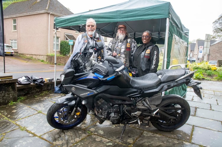 Colin Wright, Stewart Dyer and Alexandra Dyer o the ChristIan Motorcyclists' Association outside Coleford Baptist Church