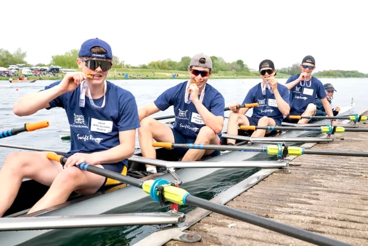 The West Midlands U15 quad scull celebrate winning gold at the British Inter Regional Championships
