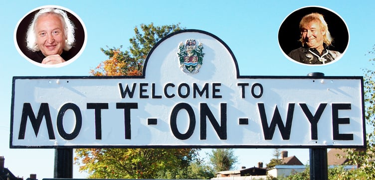 Dale ‘Buffin’ Griffin and Pete Overend Watts, two of the founding members of Mott the Hoople, and a reimagined town sign.