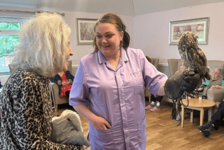 West Bank Residential Home enjoyed a close encounter with Chester the Harris Hawk during a visit from Wye Valley Falconry.