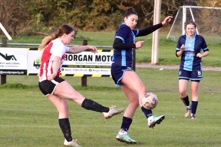 A Ross Juniors Ladies player fires in a shot in Sunday's 5-1 home win over Penybont