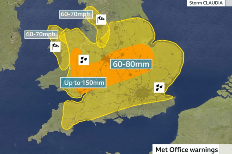 An amber alert has been issued for Storm Claudia over Herefordshire and other areas 