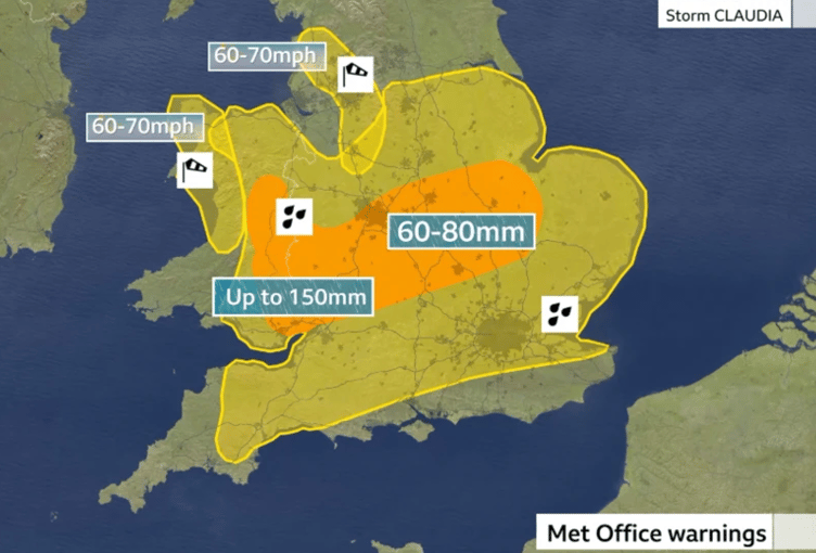 An amber alert has been issued for Storm Claudia over Herefordshire and other areas
