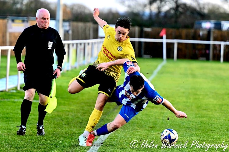 Newent are flying high after a 2-0 home win over Thame. Photo: Helen Warwick Photography