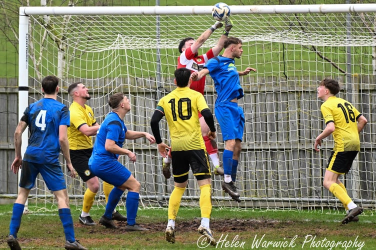 Goalmouth action in the Newent v FC Stratford game