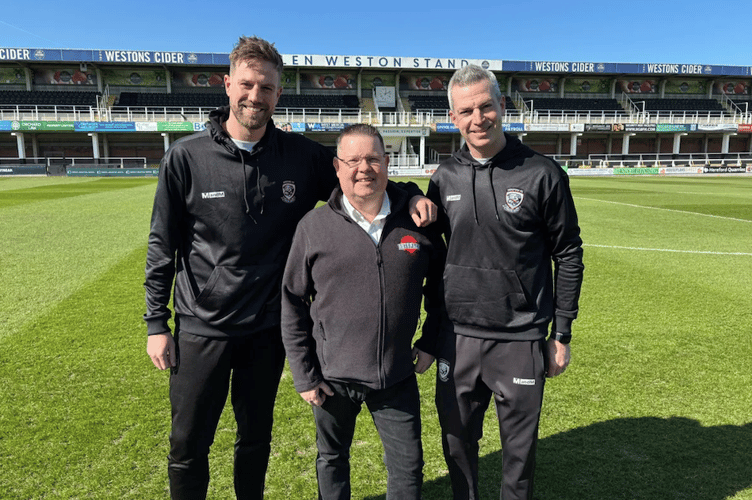 Harry Pell, Wayne Kedward and Aaron Downes mark the launch of Autopack’s new four-year front-of-shirt partnership with Hereford FC.