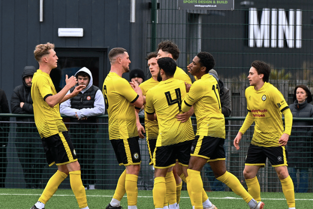 Newent Town players celebrate their equalising goal during the UHL Supplementary Cup final, though they were eventually beaten 2-1 by Shortwood United at the KDG Stadium on Sunday, March 29.